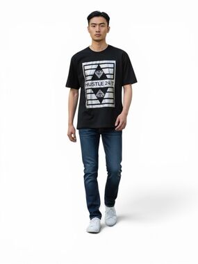 SUNA Hustle 24/7 Black Graphic Short Sleeve 100% Cotton‎ T-Shirt Men’s Size L